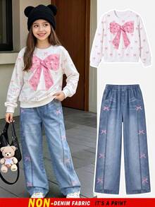 SHEIN Elladie kids 青少年女孩 T-shirt 套裝，粉色與白色淺藍色，短袖上衣 + 長褲 2 件套，寬鬆版型，日常穿著，Y2K 可愛風，圓領，冬季 - 彩色 - 查看 6