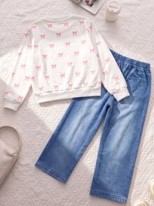 SHEIN Elladie kids 青少年女孩 T-shirt 套裝，粉色與白色淺藍色，短袖上衣 + 長褲 2 件套，寬鬆版型，日常穿著，Y2K 可愛風，圓領，冬季 - 彩色 - 查看 3