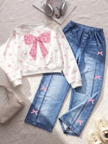 SHEIN Elladie kids 青少年女孩 T-shirt 套裝，粉色與白色淺藍色，短袖上衣 + 長褲 2 件套，寬鬆版型，日常穿著，Y2K 可愛風，圓領，冬季 - 彩色 - 查看 5