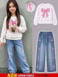 SHEIN Elladie kids 青少年女孩 T-shirt 套裝，粉色與白色淺藍色，短袖上衣 + 長褲 2 件套，寬鬆版型，日常穿著，Y2K 可愛風，圓領，冬季 - 彩色 - 查看 7