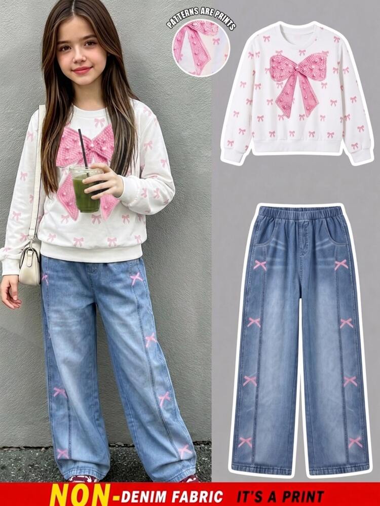 SHEIN Elladie kids Tween Girls T-Shirt Set, Pink And White Light Blue, Short Sleeve Top + Long Pants 2 Pieces Set, Loose Fit, Daily Wear, Y2k Cute, Round Neck, Winter - Multicolor - View 6