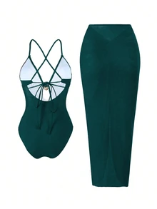 SHEIN Swim 女款 Oasis 一件式泳衣套裝，深棕色深 V 領設計，手工編織繩腰線，夏季夜晚一件式泳衣套裝，交叉開衩長洋裝 - 綠色 - 查看 6