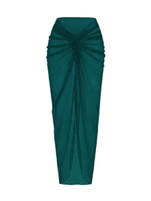 SHEIN Swim 女款 Oasis 一件式泳衣套裝，深棕色深 V 領設計，手工編織繩腰線，夏季夜晚一件式泳衣套裝，交叉開衩長洋裝 - 綠色 - 查看 8
