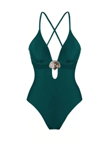 SHEIN Swim 女款 Oasis 一件式泳衣套裝，深棕色深 V 領設計，手工編織繩腰線，夏季夜晚一件式泳衣套裝，交叉開衩長洋裝 - 綠色 - 查看 7