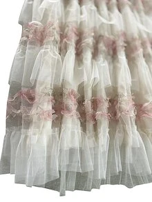 GlowEve CURVE French Style 3D Pink Rose Print Mesh Cake Skirt, High Waist Patchwork Ruffle Hem Gentle Fairy Full Skirt - Apricot - View 5