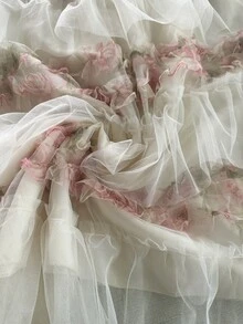 GlowEve CURVE French Style 3D Pink Rose Print Mesh Cake Skirt, High Waist Patchwork Ruffle Hem Gentle Fairy Full Skirt - Apricot - View 6