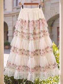 GlowEve CURVE French Style 3D Pink Rose Print Mesh Cake Skirt, High Waist Patchwork Ruffle Hem Gentle Fairy Full Skirt - Apricot - View 2