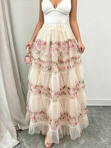 GlowEve CURVE French Style 3D Pink Rose Print Mesh Cake Skirt, High Waist Patchwork Ruffle Hem Gentle Fairy Full Skirt - Apricot - View 1