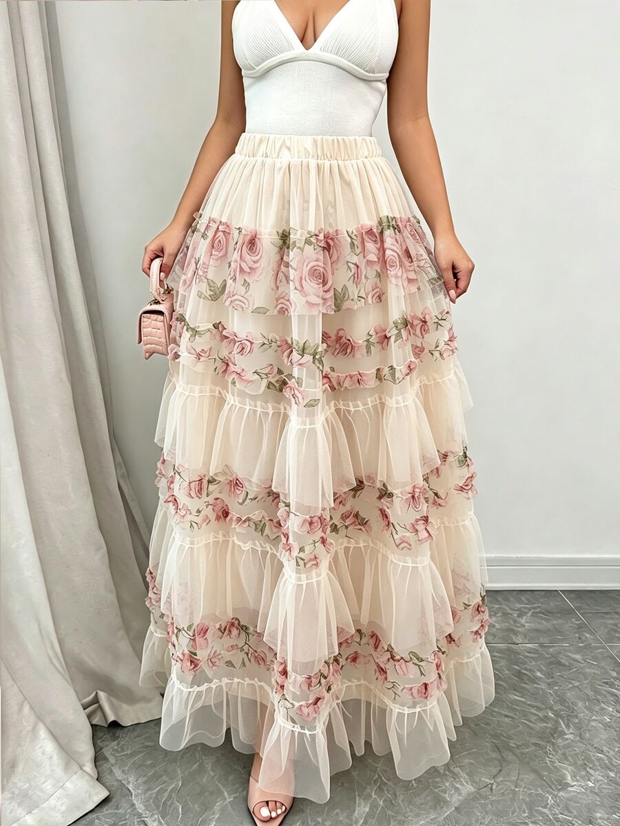GlowEve CURVE French Style 3D Pink Rose Print Mesh Cake Skirt, High Waist Patchwork Ruffle Hem Gentle Fairy Full Skirt - Apricot - View 1