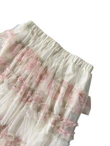 GlowEve CURVE French Style 3D Pink Rose Print Mesh Cake Skirt, High Waist Patchwork Ruffle Hem Gentle Fairy Full Skirt - Apricot - View 4