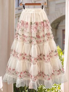 GlowEve CURVE French Style 3D Pink Rose Print Mesh Cake Skirt, High Waist Patchwork Ruffle Hem Gentle Fairy Full Skirt - Apricot - View 3