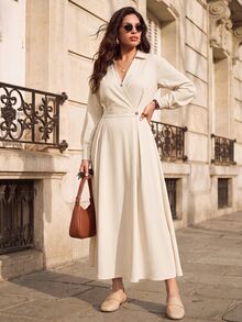 Juhart Plus Size Elegant Commuter Style Lapel Collar Metal Decor Button Long Sleeve Dress - Apricot - View 4
