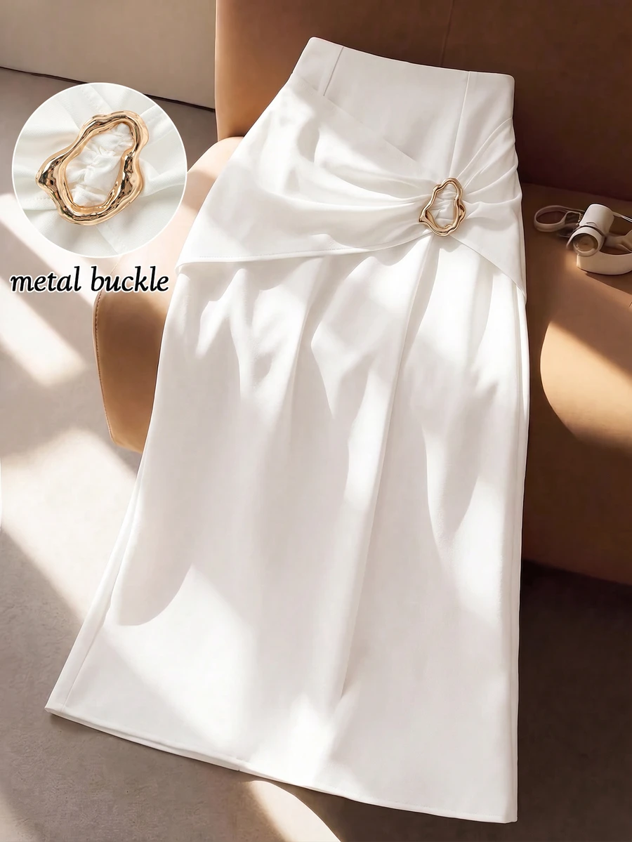 GlowEve CURVE Women's Fall Cream High-Waist Metal Ring Ruched Skirt, Side Twist Slit Bodycon Bottom, Sophisticated Occasion Wear For Daily Commute Date Dinner - White - View 1