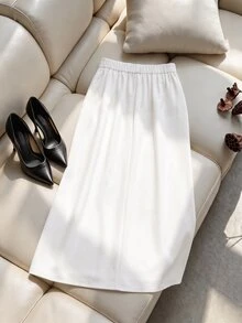 GlowEve CURVE Women's Fall Cream High-Waist Metal Ring Ruched Skirt, Side Twist Slit Bodycon Bottom, Sophisticated Occasion Wear For Daily Commute Date Dinner - White - View 2