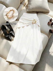GlowEve CURVE Women's Fall Cream High-Waist Metal Ring Ruched Skirt, Side Twist Slit Bodycon Bottom, Sophisticated Occasion Wear For Daily Commute Date Dinner - White - View 9