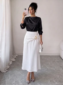 GlowEve CURVE Women's Fall Cream High-Waist Metal Ring Ruched Skirt, Side Twist Slit Bodycon Bottom, Sophisticated Occasion Wear For Daily Commute Date Dinner - White - View 10