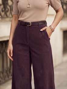 Juhart Fashionable Elegant Minimalist Corduroy Wide Leg Pants With Pockets, OL Style, Plus Size - Purple - View 6