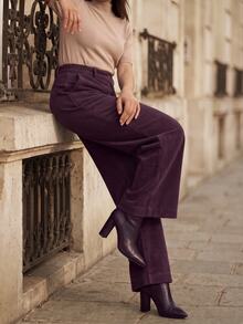 Juhart Fashionable Elegant Minimalist Corduroy Wide Leg Pants With Pockets, OL Style, Plus Size - Purple - View 3