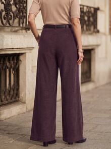 Juhart Fashionable Elegant Minimalist Corduroy Wide Leg Pants With Pockets, OL Style, Plus Size - Purple - View 2