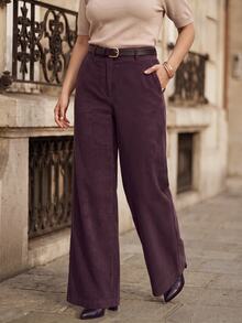 Juhart Fashionable Elegant Minimalist Corduroy Wide Leg Pants With Pockets, OL Style, Plus Size - Purple - View 1