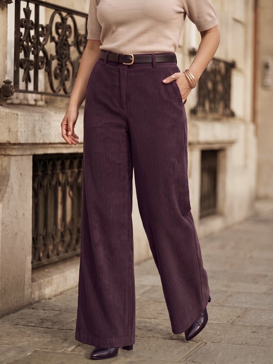 Juhart Fashionable Elegant Minimalist Corduroy Wide Leg Pants With Pockets, OL Style, Plus Size - Purple - View 1