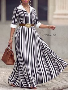 Velvienne Plus Size Women's Black & White Striped Collared Waist-Cinching Shirt Dress, Mid-Length Commuter Style - Black and White - View 3