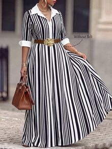 Velvienne Plus Size Women's Black & White Striped Collared Waist-Cinching Shirt Dress, Mid-Length Commuter Style - Black and White - View 6