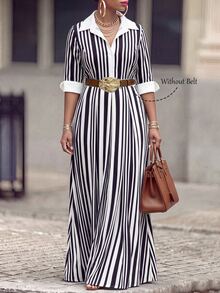 Velvienne Plus Size Women's Black & White Striped Collared Waist-Cinching Shirt Dress, Mid-Length Commuter Style - Black and White - View 1