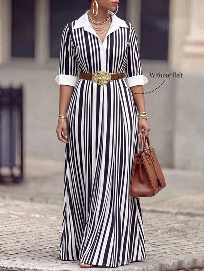 Velvienne Plus Size Women's Black & White Striped Collared Waist-Cinching Shirt Dress, Mid-Length Commuter Style