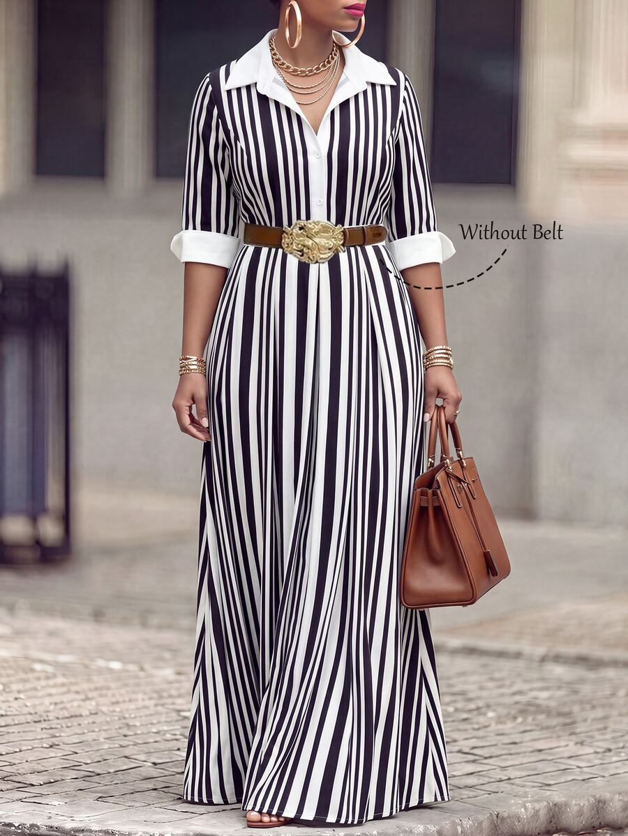Velvienne Plus Size Women's Black & White Striped Collared Waist-Cinching Shirt Dress, Mid-Length Commuter Style - Black and White - View 1