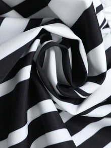 Velvienne Plus Size Women's Black & White Striped Collared Waist-Cinching Shirt Dress, Mid-Length Commuter Style - Black and White - View 7