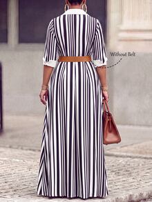 Velvienne Plus Size Women's Black & White Striped Collared Waist-Cinching Shirt Dress, Mid-Length Commuter Style - Black and White - View 2