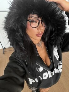 StreetHx Women's Spring/Autumn Black & White Letter Print Halloween Hat Fur Trim Oversized Streetwear Y2K Hot Girl Rock Punk Dark Open Front Sweatshirt - Black - View 4