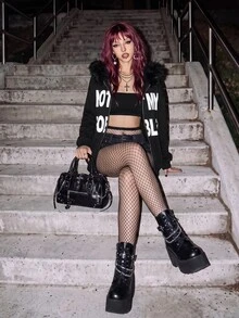 StreetHx Women's Spring/Autumn Black & White Letter Print Halloween Hat Fur Trim Oversized Streetwear Y2K Hot Girl Rock Punk Dark Open Front Sweatshirt - Black - View 5