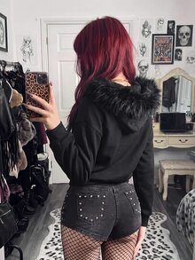 StreetHx Women's Spring/Autumn Black & White Letter Print Halloween Hat Fur Trim Oversized Streetwear Y2K Hot Girl Rock Punk Dark Open Front Sweatshirt - Black - View 2