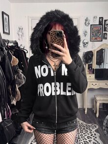 StreetHx Women's Spring/Autumn Black & White Letter Print Halloween Hat Fur Trim Oversized Streetwear Y2K Hot Girl Rock Punk Dark Open Front Sweatshirt - Black - View 9