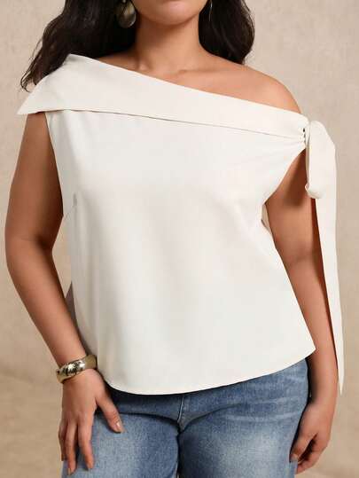 Juhart Plus Size Women's Woven Regular Fit Summer French Elegant Fashion Commute Going Out Asymmetric Shoulder Tie Bow All White Blouse Birthday Party