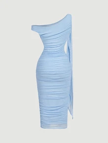 SHEIN MOD 女款優雅露肩抓皺緊身中長裙，藍色，夏季 - 藍色 - 查看 2