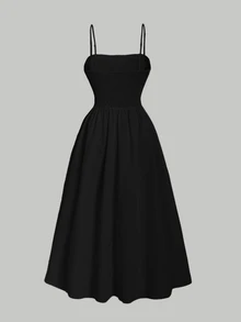 SHEIN MOD 素色褶邊吊帶連衣裙 - 黑色 - 查看 2