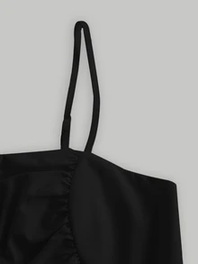 SHEIN MOD 素色褶邊吊帶連衣裙 - 黑色 - 查看 3