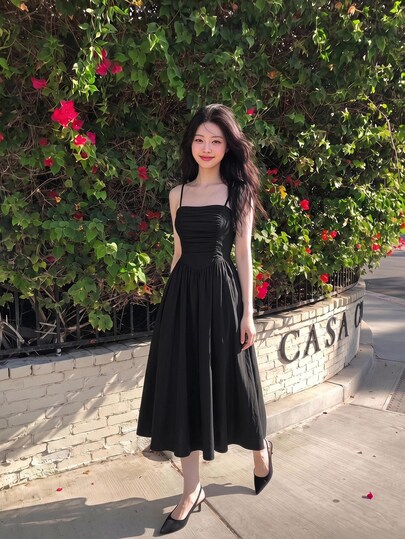 SHEIN MOD Đầm cami đen dáng dài nhún bèo trơn, mùa hè, vintage thập niên 60, thập niên 70, dự tiệc, dạ hội, lễ tốt nghiệp, du lịch, hẹn hò, dã ngoại, lễ hội, sinh nhật, trang phục ăn tối sang trọng, midi