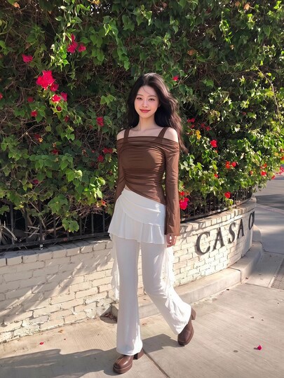 SHEIN MOD 2件套纯色不对称肩部喇叭袖二合一T恤