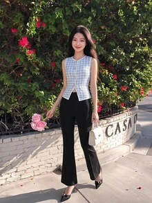 SHEIN MOD 1件女款千鳥格單排扣復古針織上衣 藍色 - 藍色 - 查看 2