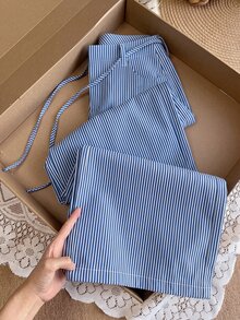 Selianne 女款黑白條紋綁帶腰寬腿長褲，附口袋與腰帶環，長版優雅洗鍊，生日禮物、約會、派對、情人節、嘉年華、聚會、音樂節、旅行、度假、街頭風、拍照亮眼，夏季長褲，夏季新品，必備時尚單品，百搭黑白寬腿褲 - 藍白色 - 查看 1
