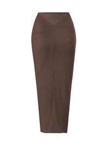 Swim Oasis Women's Oasis One-Piece Swimsuit Set, Deep Brown V-Neck Design, Handmade Rope Waistline, Summer Evening One-Piece Swimsuit Set With Crossed Slit Maxi Skirt - Brown - View 9