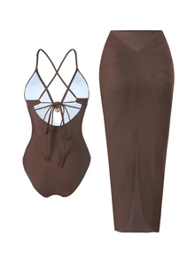 Swim Oasis Women's Oasis One-Piece Swimsuit Set, Deep Brown V-Neck Design, Handmade Rope Waistline, Summer Evening One-Piece Swimsuit Set With Crossed Slit Maxi Skirt - Brown - View 6