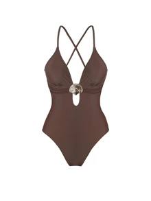 Swim Oasis Women's Oasis One-Piece Swimsuit Set, Deep Brown V-Neck Design, Handmade Rope Waistline, Summer Evening One-Piece Swimsuit Set With Crossed Slit Maxi Skirt - Brown - View 7