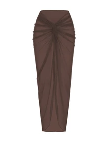 Swim Oasis Women's Oasis One-Piece Swimsuit Set, Deep Brown V-Neck Design, Handmade Rope Waistline, Summer Evening One-Piece Swimsuit Set With Crossed Slit Maxi Skirt - Brown - View 8