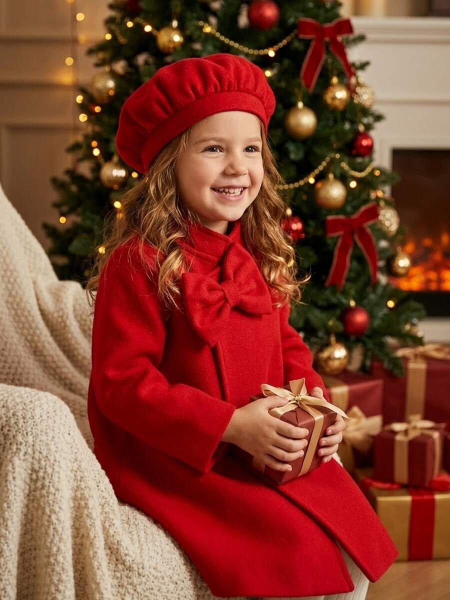 SHEIN Elladie kids 女童秋冬羊毛帽長袖蝴蝶結大衣休閒外套,適合聖誕裝扮、日常戶外、學校與派對穿著 - 紅色 - 查看 1