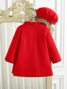SHEIN Elladie kids 女童秋冬羊毛帽長袖蝴蝶結大衣休閒外套，適合聖誕裝扮、日常戶外、學校與派對穿著 - 紅色 - 查看 2